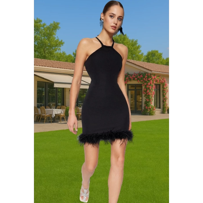 Elbise Bodycon Mini Abiye Tüy Detaylı Finike Dokuma Polyester Yazlık Yüksek Kalite Özenle Seçilmiş