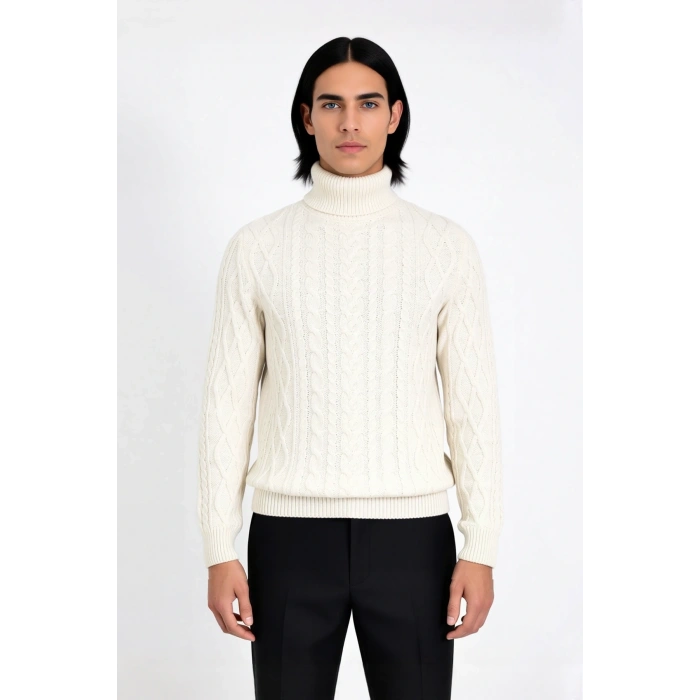 Erkek Balıkçı Yaka Fitted Kalıp Saç Örgü Desenli Kalın Triko Standart Kollu Günlük Kazak Kaliteli