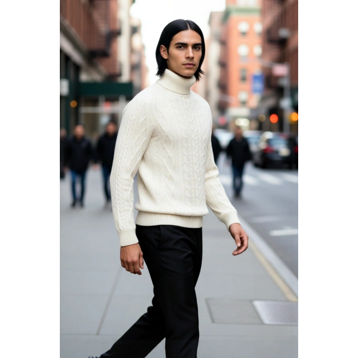 Erkek Balıkçı Yaka Fitted Kalıp Saç Örgü Desenli Kalın Triko Standart Kollu Günlük Kazak Kaliteli