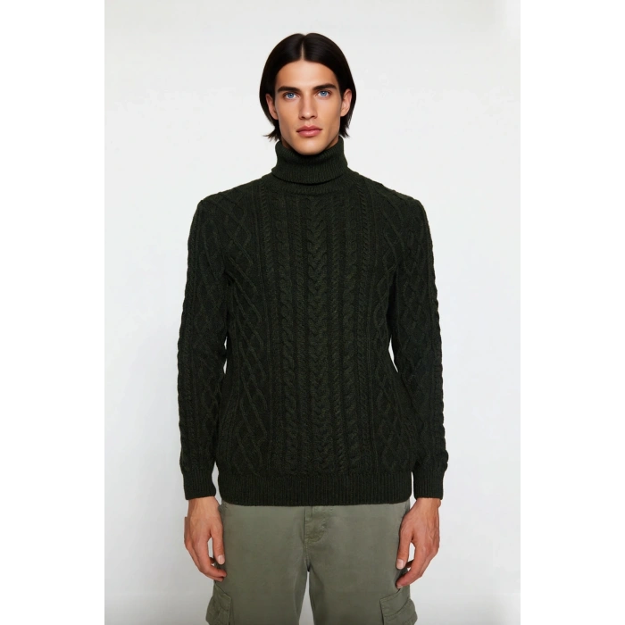 Erkek Balıkçı Yaka Saç Örgü Desenli Kalın Triko Fitted Kalıp Standart Kol Günlük Kazak Kaliteli