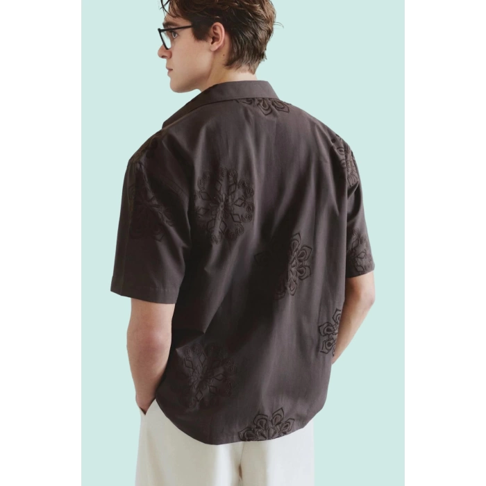 Erkek Basic Boxy Fit Brode Gömlek Nakışlı Dokuma Kumaş Yazlık Günlük Kullanım Modern Tasarım