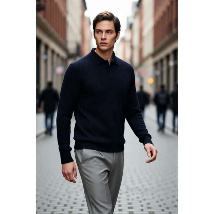 Erkek Basic Dokulu Triko Polo Yaka Kazak Günlük Ve Akıllı Kombinler İçin Konforlu Seçim Kaliteli