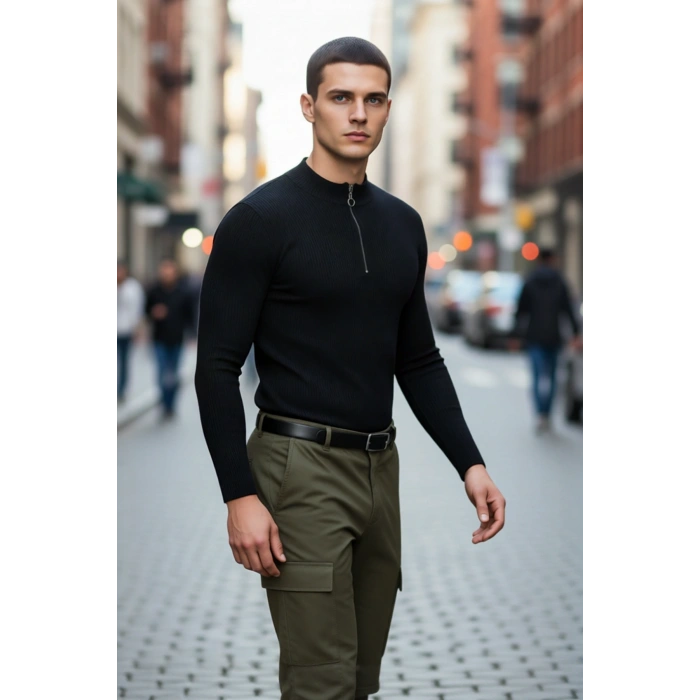 Erkek Basic Fitted Dar Kesim Dik Yaka Fermuarlı Triko Dokuma Uzun Kollu Pamuk Polyester Kazak