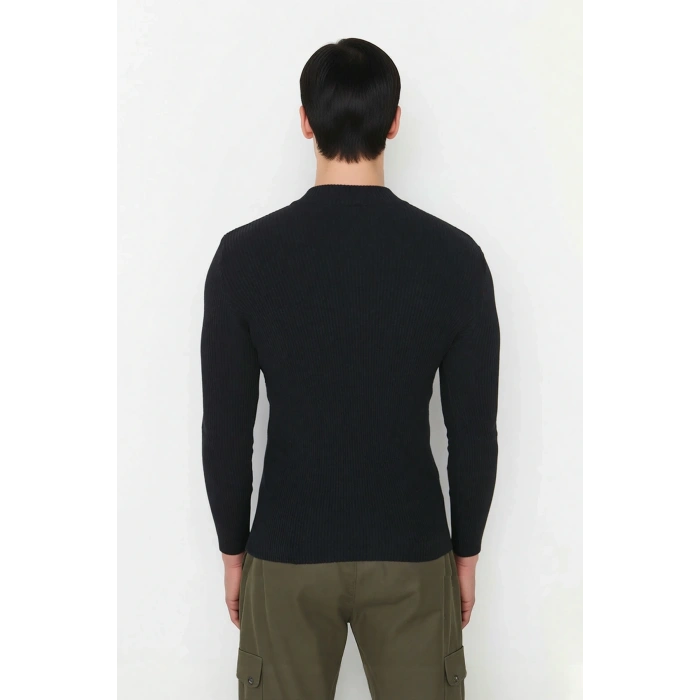 Erkek Basic Fitted Dar Kesim Dik Yaka Fermuarlı Triko Dokuma Uzun Kollu Pamuk Polyester Kazak