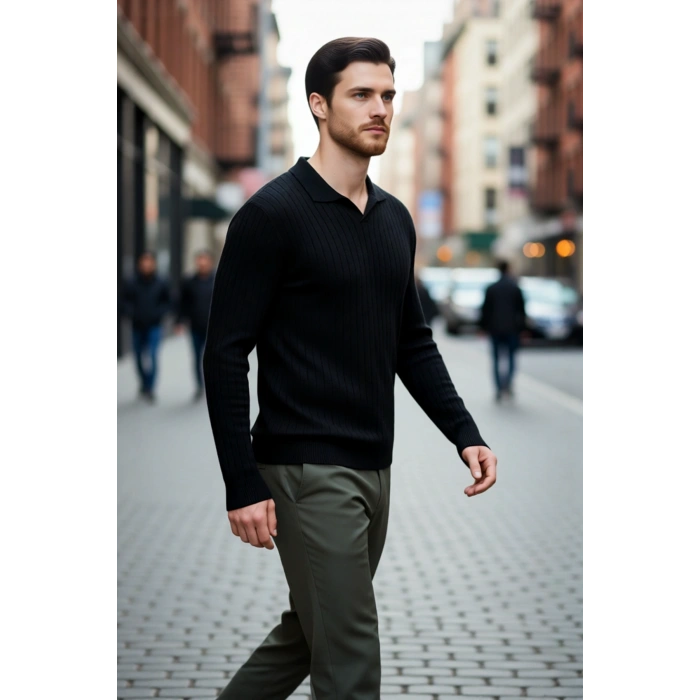 Erkek Basic Fitted Polo Yaka Uzun Kollu İnce Triko Kazak Casual Tarzı Tamamlayan Şıklık Kaliteli