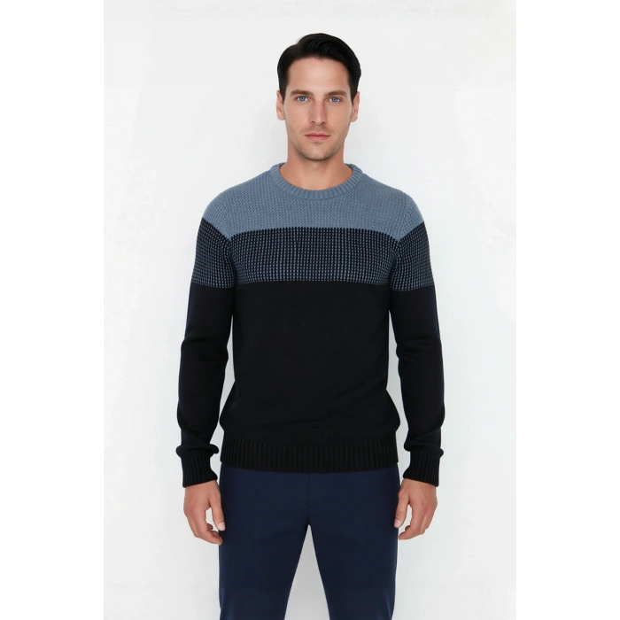 Erkek Basic Kesim Bisiklet Yaka Uzun Kol Renk Bloklu Akrilik Triko Kazak Kış Kombinlerine Özel