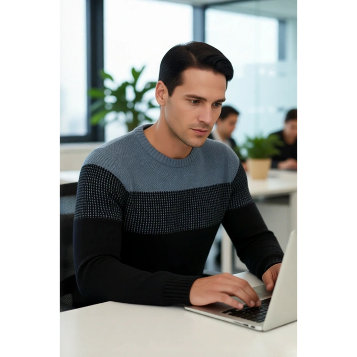 Erkek Basic Kesim Bisiklet Yaka Uzun Kol Renk Bloklu Akrilik Triko Kazak Kış Kombinlerine Özel