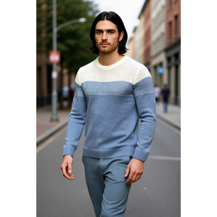 Erkek Basic Kesim Bisiklet Yaka Uzun Kol Renk Bloklu Akrilik Triko Kazak Kış Kombinlerine Özel
