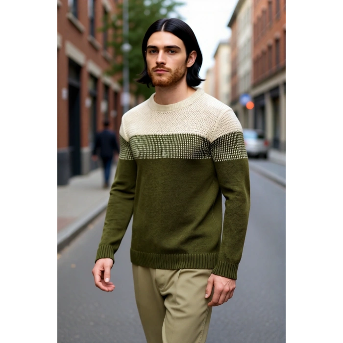 Erkek Basic Kesim Bisiklet Yaka Uzun Kol Renk Bloklu Akrilik Triko Kazak Kış Kombinlerine Özel