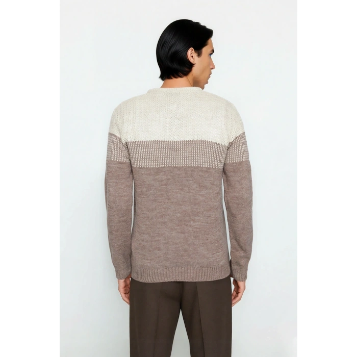 Erkek Basic Kesim Bisiklet Yaka Uzun Kol Renk Bloklu Akrilik Triko Kazak Kış Kombinlerine Özel