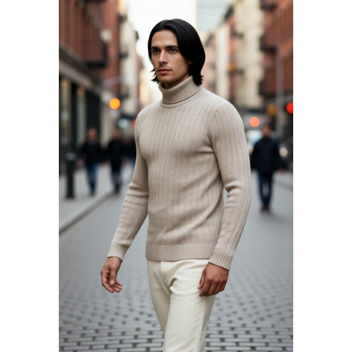 Erkek Basic Koleksiyon Fitilli Triko Balıkçı Yaka Kazak Soğuk Havalarda Konforlu ve Modern Şıklık