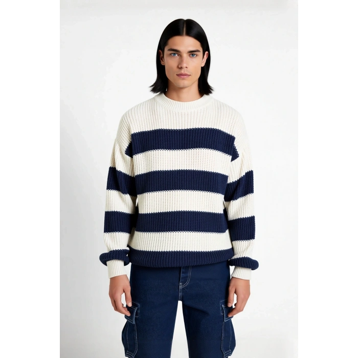 Erkek Basic Koleksiyon Uzun Kollu Rahat Çizgili Bisiklet Yaka Akrilik Oversize Triko Kazak