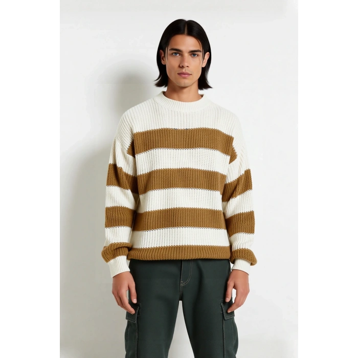 Erkek Basic Koleksiyon Uzun Kollu Rahat Çizgili Bisiklet Yaka Akrilik Oversize Triko Kazak