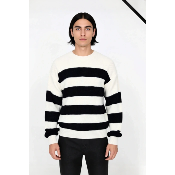 Erkek Basic Koleksiyon Uzun Kollu Rahat Çizgili Bisiklet Yaka Akrilik Oversize Triko Kazak