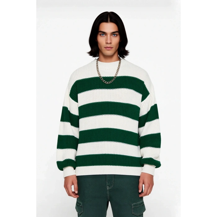 Erkek Basic Koleksiyon Uzun Kollu Rahat Çizgili Bisiklet Yaka Akrilik Oversize Triko Kazak