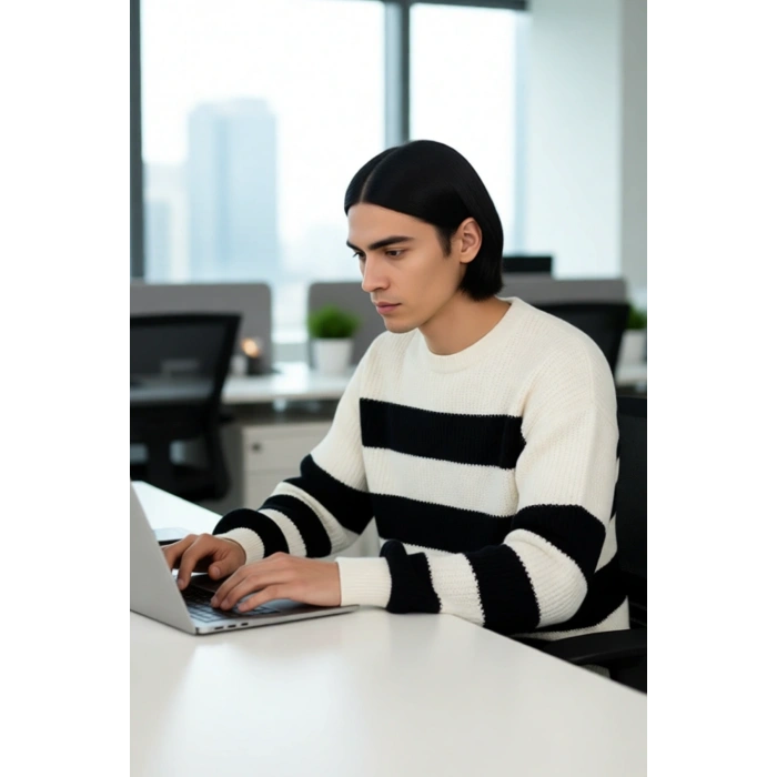 Erkek Basic Koleksiyon Uzun Kollu Rahat Çizgili Bisiklet Yaka Akrilik Oversize Triko Kazak