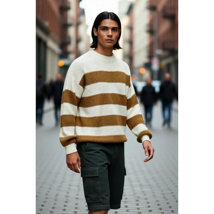 Erkek Basic Koleksiyon Uzun Kollu Rahat Çizgili Bisiklet Yaka Akrilik Oversize Triko Kazak