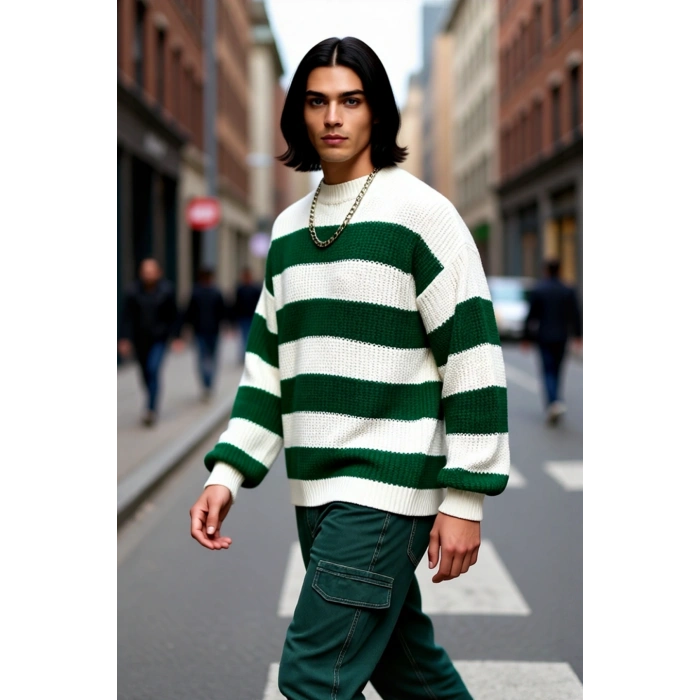 Erkek Basic Koleksiyon Uzun Kollu Rahat Çizgili Bisiklet Yaka Akrilik Oversize Triko Kazak