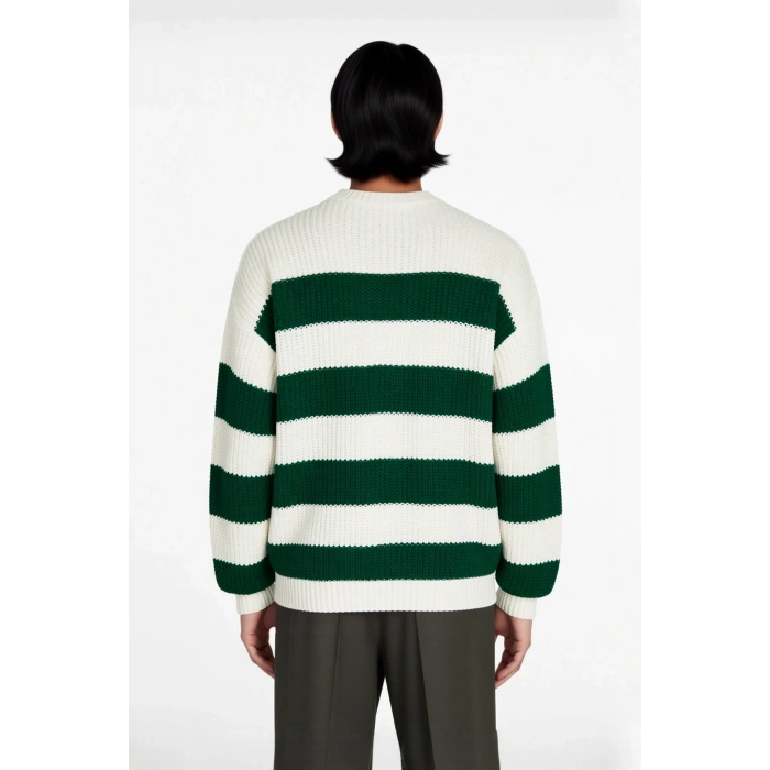 Erkek Basic Koleksiyon Uzun Kollu Rahat Çizgili Bisiklet Yaka Akrilik Oversize Triko Kazak