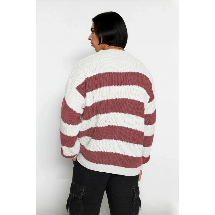 Erkek Basic Koleksiyon Uzun Kollu Rahat Çizgili Bisiklet Yaka Akrilik Oversize Triko Kazak