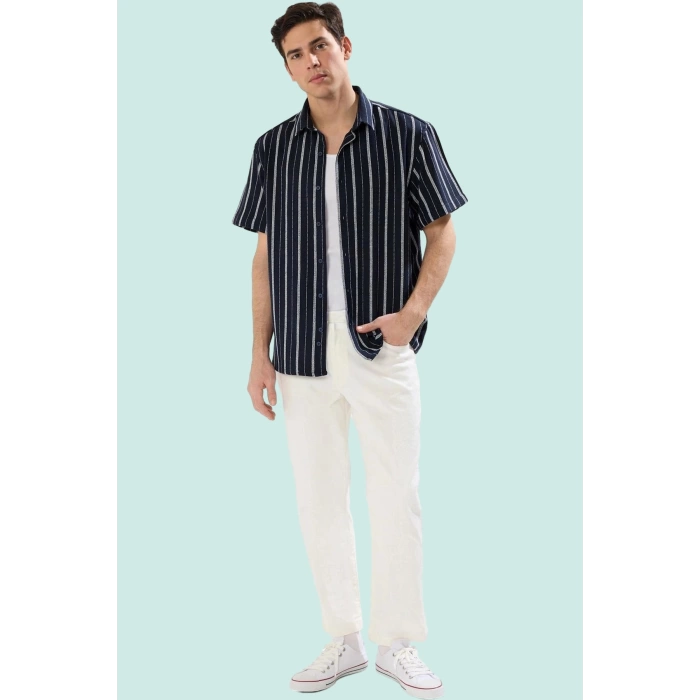 Erkek Basic Oversize Fit Kısa Kollu Gömlek Çizgili Desen Yazlık Yaz Aylarının Vazgeçilmezi