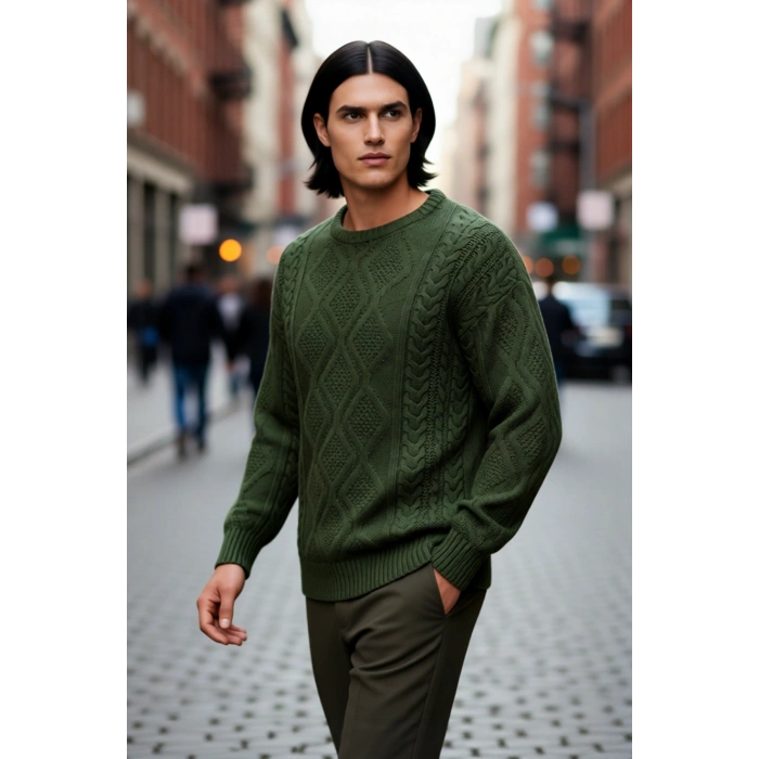 Erkek Basic Oversize Kalın Saç Örgülü Bisiklet Yaka Kazak Rahat Ve Stil Sahibi Kombinler Kaliteli