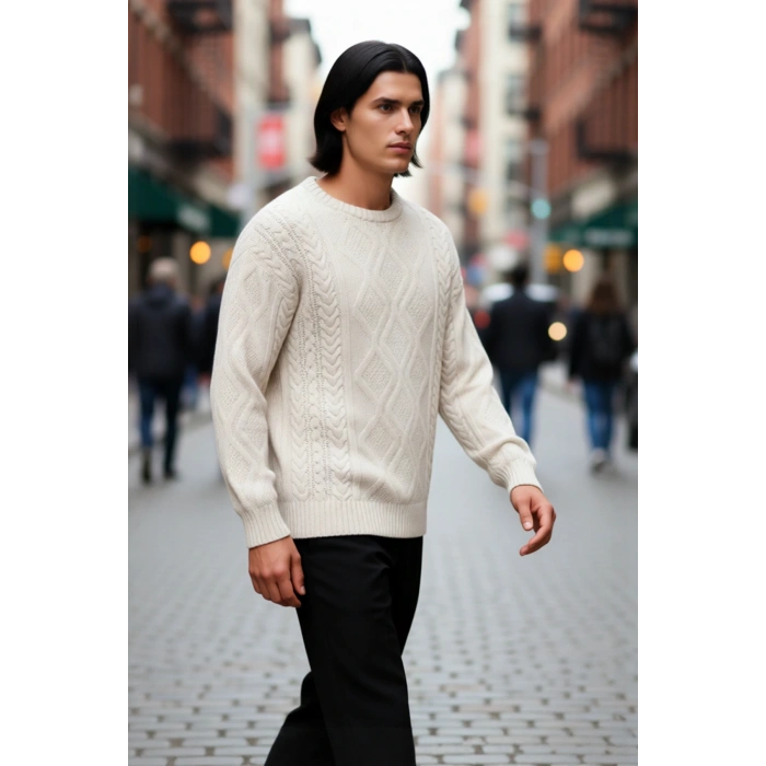 Erkek Basic Oversize Kalın Saç Örgülü Bisiklet Yaka Kazak Rahat Ve Stil Sahibi Kombinler Kaliteli