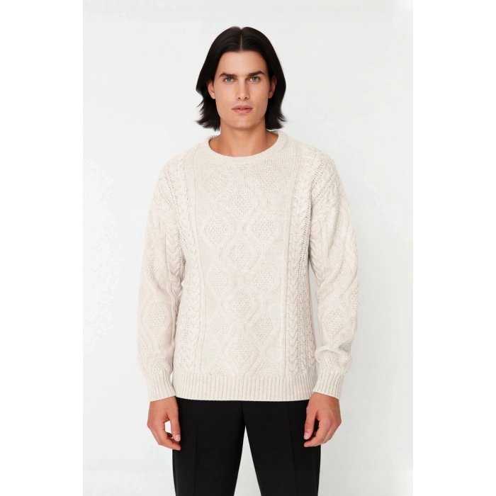 Erkek Basic Oversize Kalın Saç Örgülü Bisiklet Yaka Kazak Rahat Ve Stil Sahibi Kombinler Kaliteli