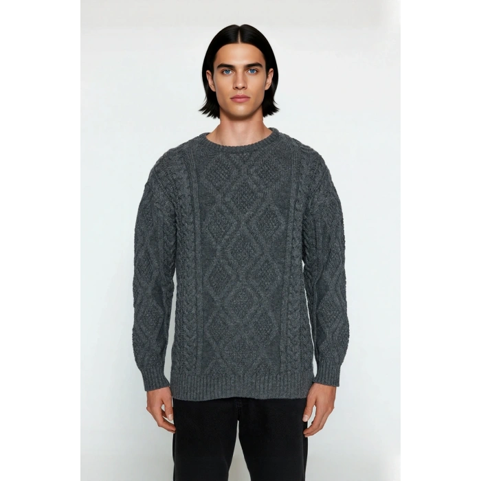 Erkek Basic Oversize Kalın Saç Örgülü Bisiklet Yaka Kazak Rahat Ve Stil Sahibi Kombinler Kaliteli