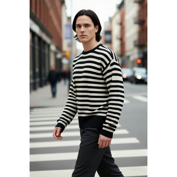 Erkek Basic Rahat Oversize Kalıp Çizgili Bisiklet Yaka Triko Kazak Uzun Kollu Fitilli Tasarım