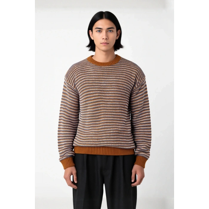 Erkek Basic Regular Fit Bisiklet Yaka Çizgili Kışlık Triko Kazak Konforlu ve Şık Görünüm Sağlar