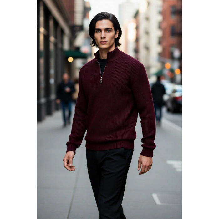 Erkek Basic Regular Fit Fermuarlı Dik Yaka Selanik Örgü Triko Kazak Günlük Stilinize Modern Dokunuş.