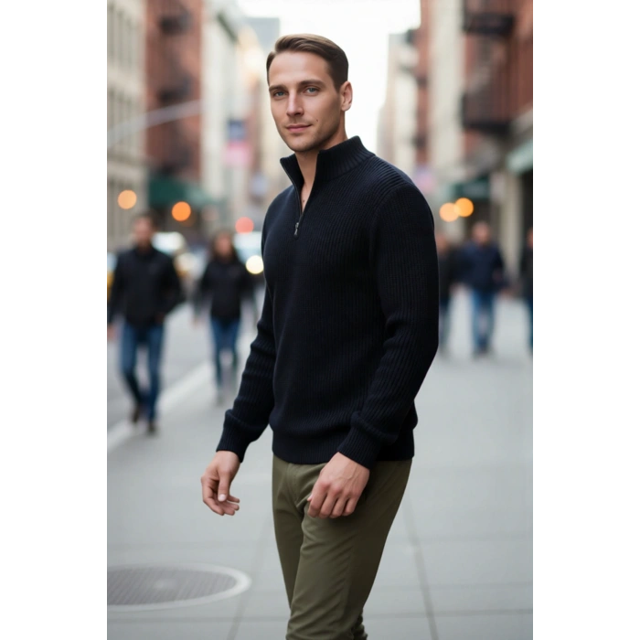 Erkek Basic Regular Fit Fermuarlı Dik Yaka Selanik Örgü Triko Kazak Günlük Stilinize Modern Dokunuş.
