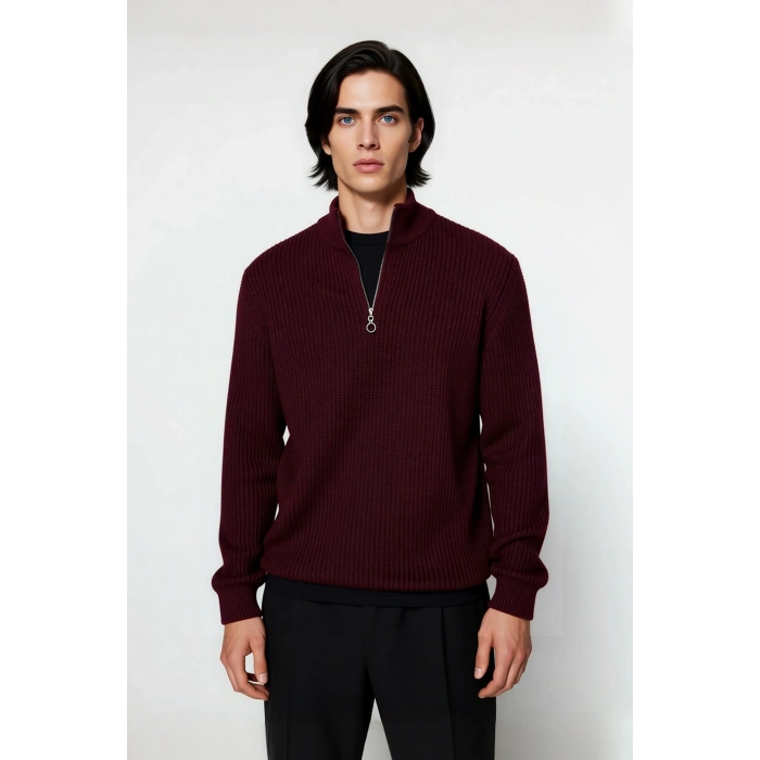 Erkek Basic Regular Fit Fermuarlı Dik Yaka Selanik Örgü Triko Kazak Günlük Stilinize Modern Dokunuş.