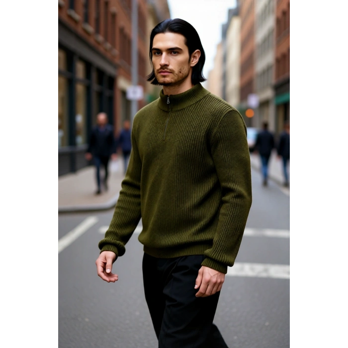 Erkek Basic Regular Fit Fermuarlı Dik Yaka Selanik Örgü Triko Kazak Günlük Stilinize Modern Dokunuş.