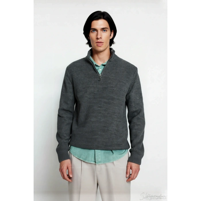 Erkek Basic Regular Fit Fermuarlı Dik Yaka Selanik Örgü Triko Kazak Günlük Stilinize Modern Dokunuş.