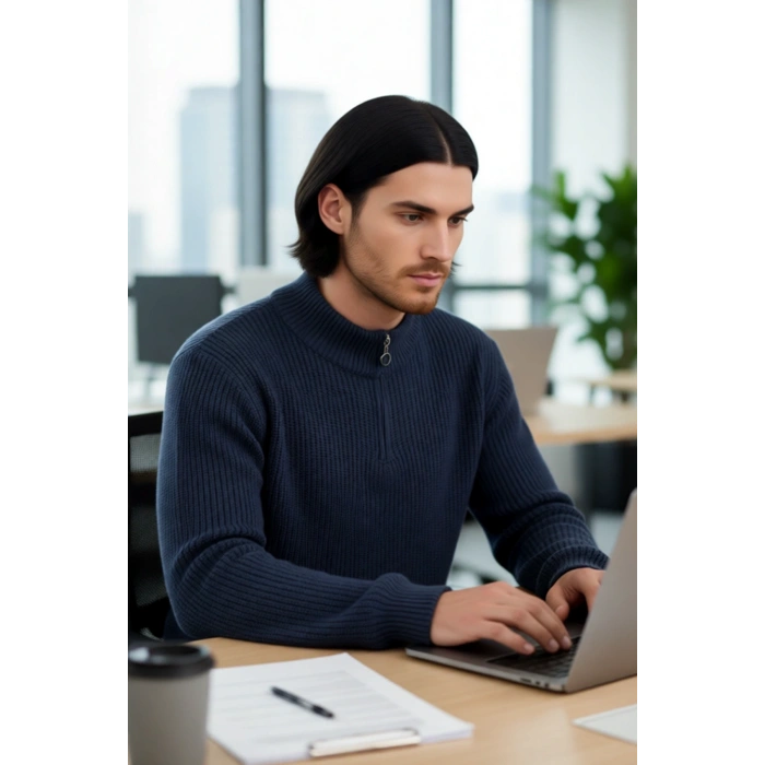 Erkek Basic Regular Fit Fermuarlı Dik Yaka Selanik Örgü Triko Kazak Günlük Stilinize Modern Dokunuş.