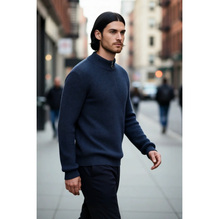 Erkek Basic Regular Fit Fermuarlı Dik Yaka Selanik Örgü Triko Kazak Günlük Stilinize Modern Dokunuş.