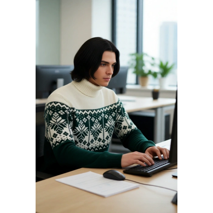 Erkek Basic Siluet Balıkçı Yaka Regular Kalıp Etnik Desenli Uzun Kollu Triko Kazak Günlük Giyimde