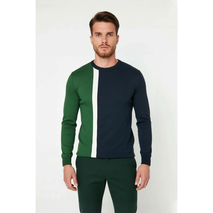 Erkek Basic Siluet Bisiklet Yaka Renk Bloklu Uzun Kollu Fitted Kalıp İntersia Triko Kazak Kaliteli