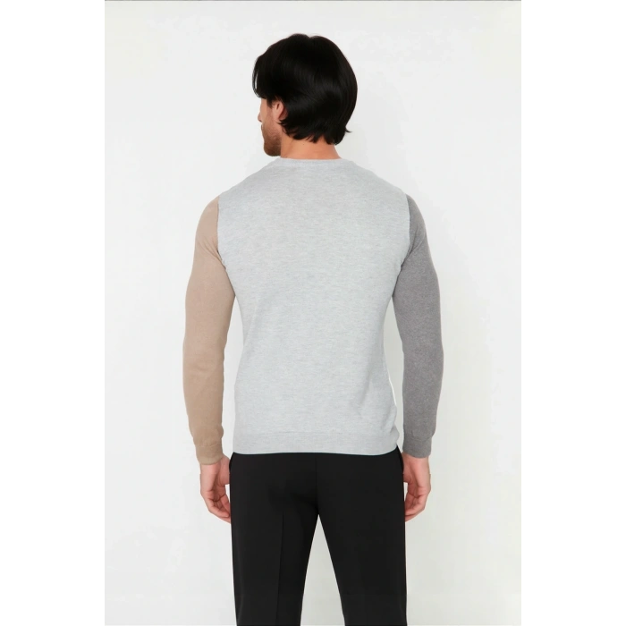 Erkek Basic Siluet Bisiklet Yaka Renk Bloklu Uzun Kollu Fitted Kalıp İntersia Triko Kazak Kaliteli