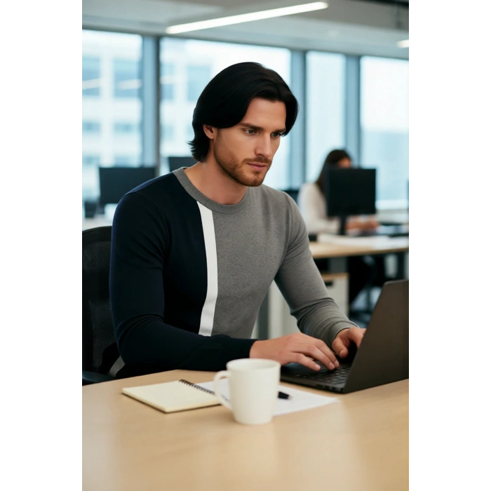 Erkek Basic Siluet Bisiklet Yaka Renk Bloklu Uzun Kollu Fitted Kalıp İntersia Triko Kazak Kaliteli