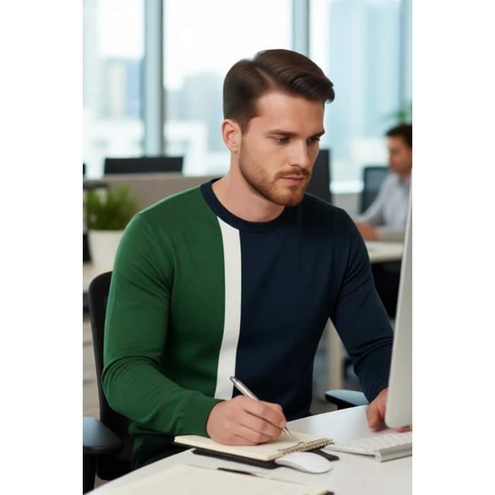 Erkek Basic Siluet Bisiklet Yaka Renk Bloklu Uzun Kollu Fitted Kalıp İntersia Triko Kazak Kaliteli