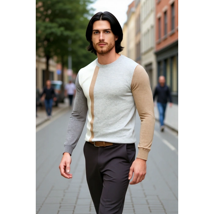 Erkek Basic Siluet Bisiklet Yaka Renk Bloklu Uzun Kollu Fitted Kalıp İntersia Triko Kazak Kaliteli