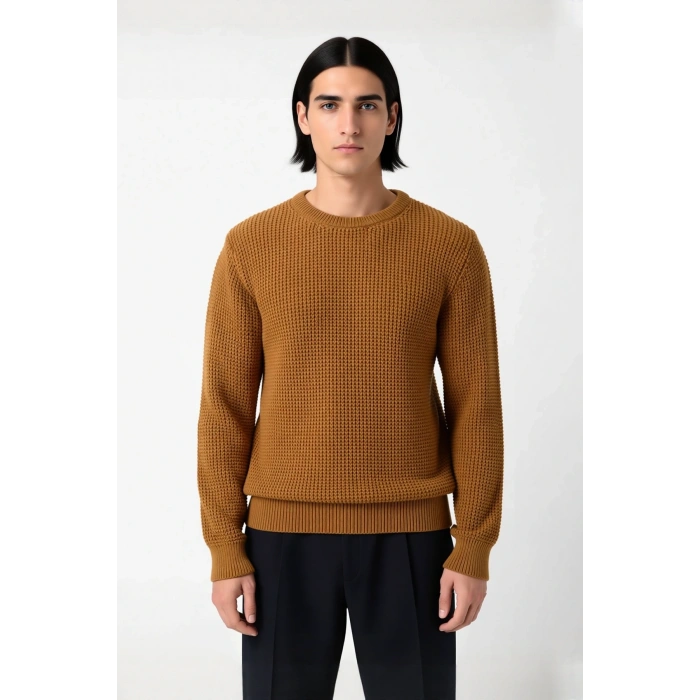 Erkek Basic Siluet Regular Kalıp Bisiklet Yaka Dokulu Triko Kazak Kışın Günlük Şıklığı Kaliteli