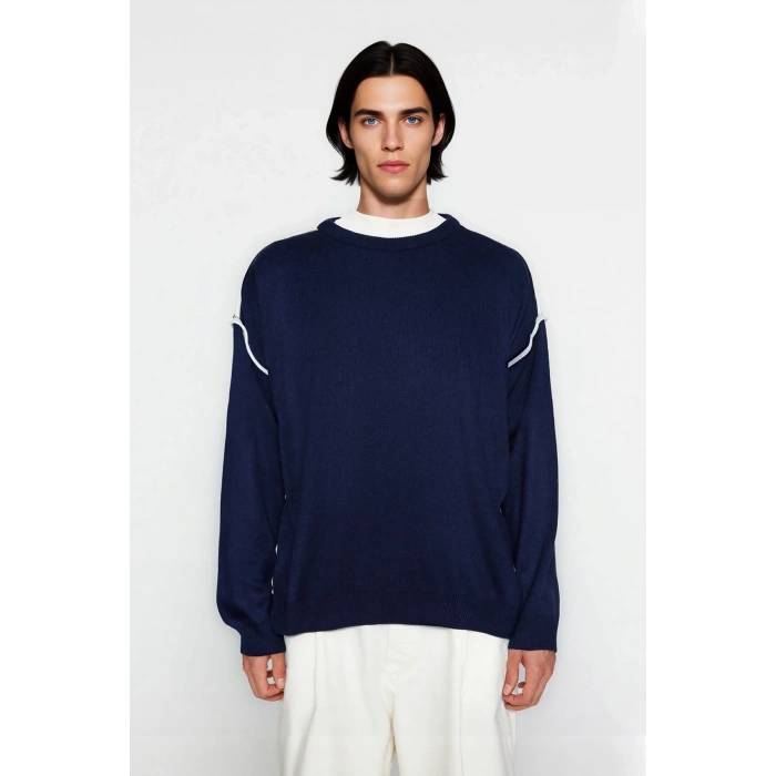 Erkek Bisiklet Yaka Oversize Akrilik Triko Kazak Biye Detaylı Uzun Kollu Kışlık Giyim Kaliteli