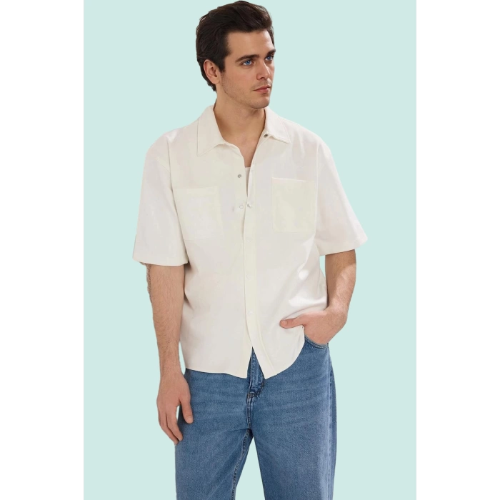 Erkek Boxy Fit Örme Kısa Kollu Yazlık Gömlek Dokulu Desen Günlük Stil Yaz Aylarının Vazgeçilmezi