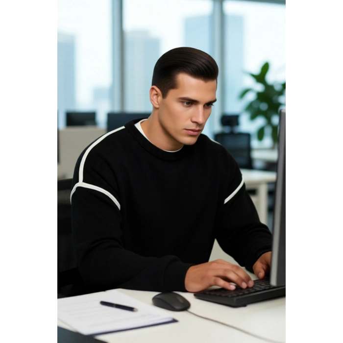 Erkek Büyük Beden Oversize Fit Bisiklet Yaka Biye Detaylı Düşük Kol Triko Kazak Kış Sezonu İçin