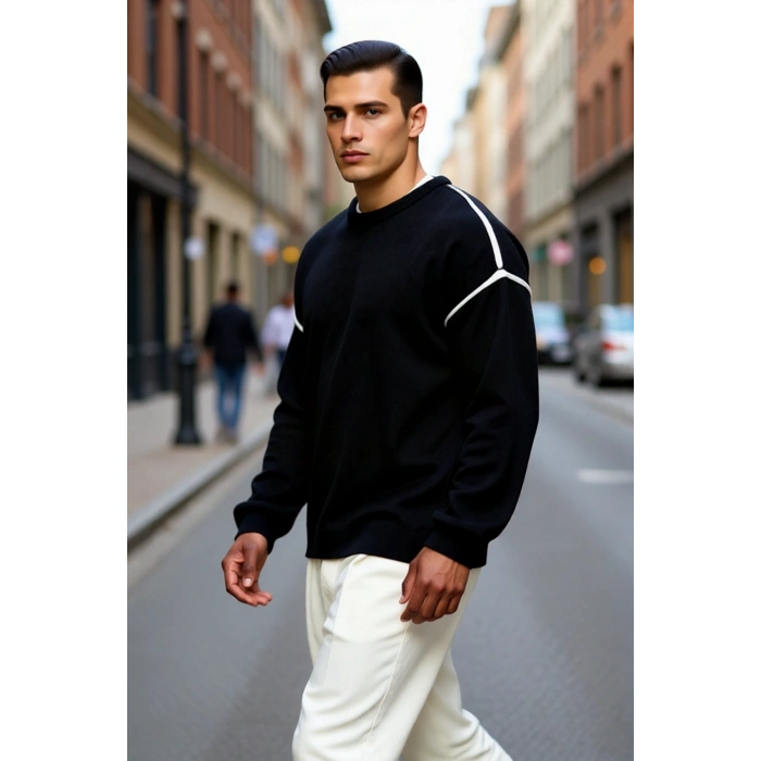 Erkek Büyük Beden Oversize Kalıp Bisiklet Yaka Düşük Kol Biye Detaylı Triko Kazak Kışlık Stil