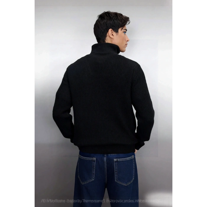 Erkek Casual Giyim İçin İdeal Regular Fit Düz Desen Fermuarlı Balıkçı Yaka Kalın Triko Kazak